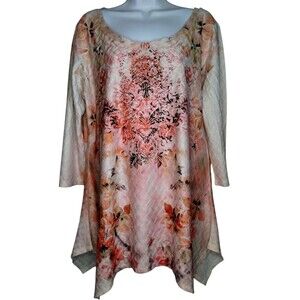 Closet Full Women's Colorful Beaded Floral TunicBlouse With Shark Bite Hem Large